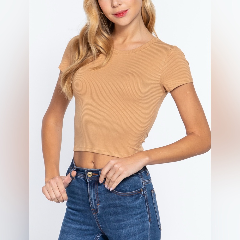 Tan Ribbed Short Sleeve Top - MEDIUM - Picture 2 of 8
